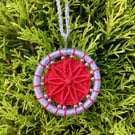 Christmas Decoration, Dorset Button, Red, Silver, Beads, Handmade