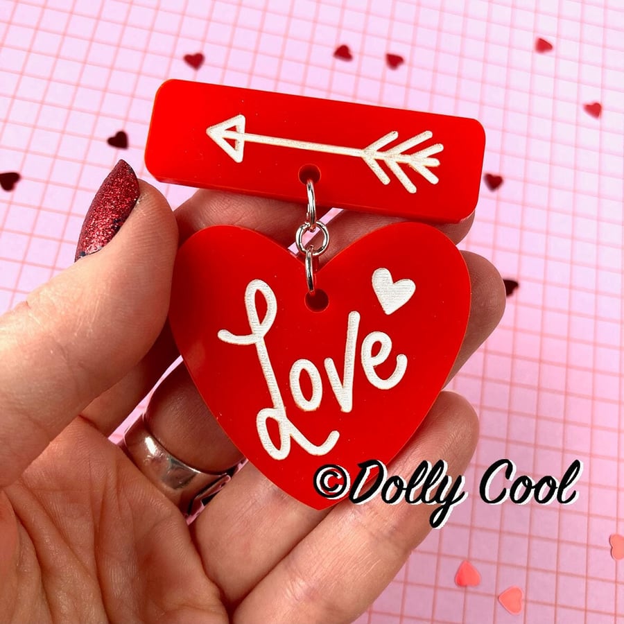 Love Heart and Arrow Brooch in Red & White by Dolly Cool - 40s 50s Reproduction 