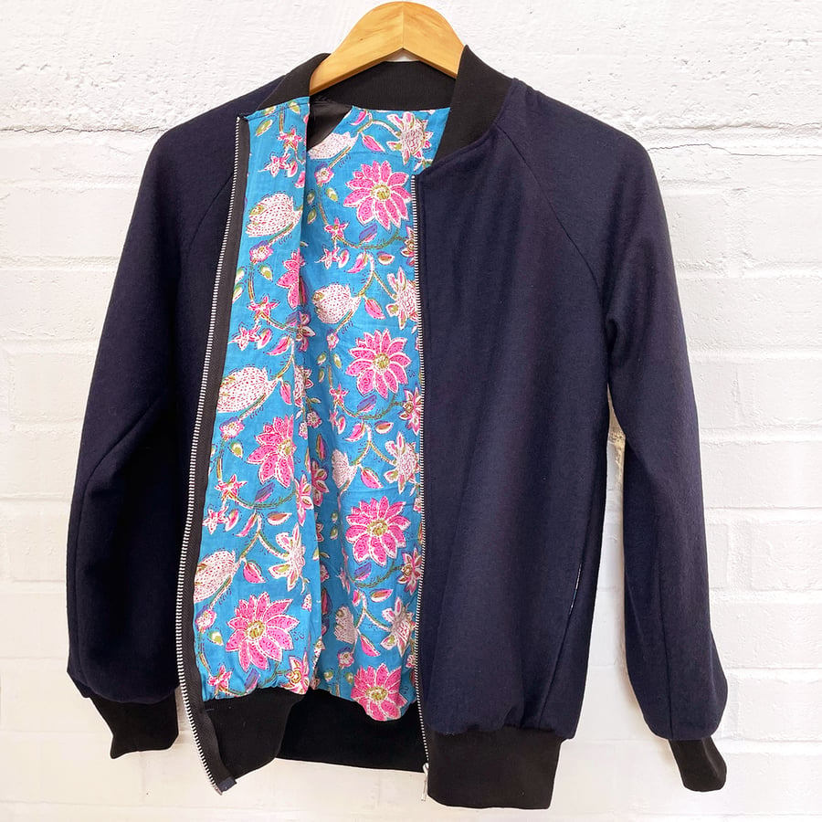 Navy Wool Bomber Jacket with Indian hand block blue and pink cotton lining