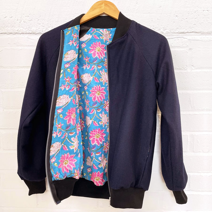 Navy Wool Bomber Jacket with Indian hand block ... - Folksy
