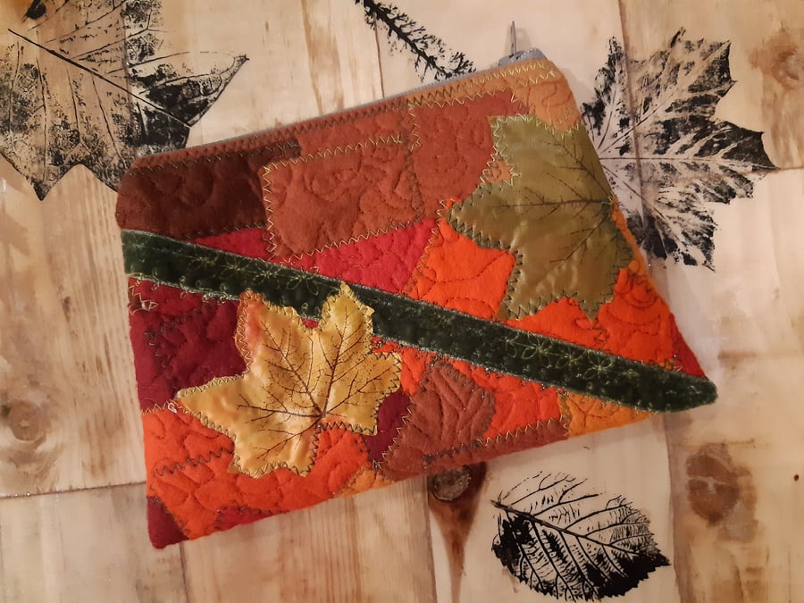 Applique felt Autumn Leaves make up bag, pouch, pencil case