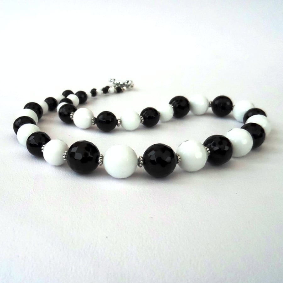 Monochrome black onyx and white jade handmade necklace
