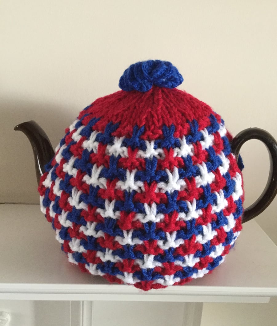 Knitted Tea Cosy in Red White & Blue