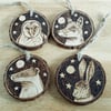 Four pyrography British wildlife wood slice hanging decorations