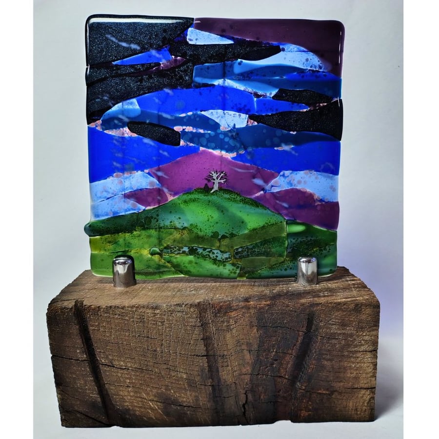 Burrow One Tree Hill - Fused Glass Table Art Picture, Light Catcher Landscape
