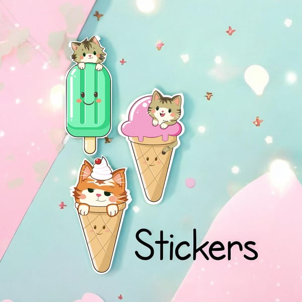 Kawaii Cat Ice Cream Stickers, Die-cut Vinyl Decals, Laptop Water Bottle Bundle