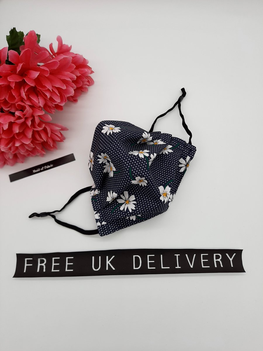 Face mask, small,  3 layer,  adjustable, washable in navy daisy 