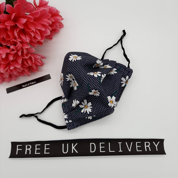 Face mask, small,  3 layer,  adjustable, washable in navy daisy 