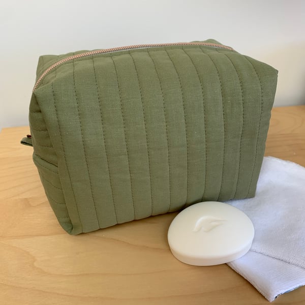 Sage Green Quilted Fabric Box Shape Washbag