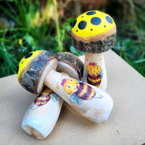 Wooden Toadstool with Bee Illustration,Fairy Tale Nursery Decor,mushroom decor