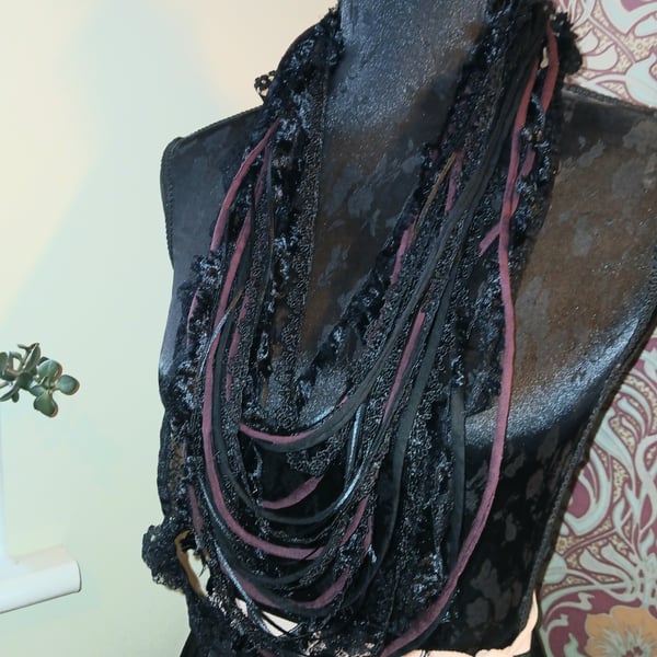 Handmade upcycled Gothic Boho loop scarf Victorian Claret