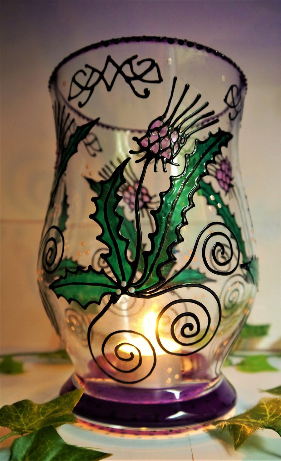 Hand-painted & fired Scottish Thistles Large Candle-holder 