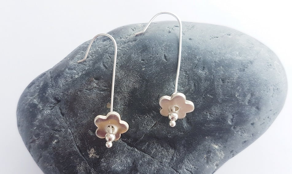 Sterling Silver Bar Earrings with Fine Silver Flower