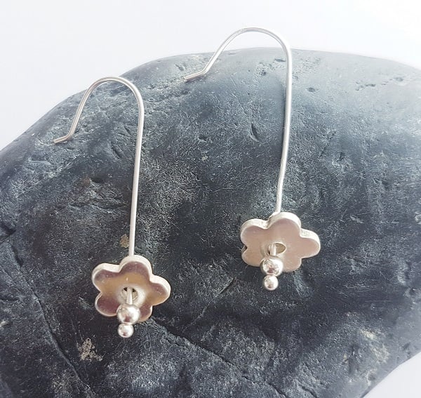 Sterling Silver Bar Earrings with Fine Silver Flower