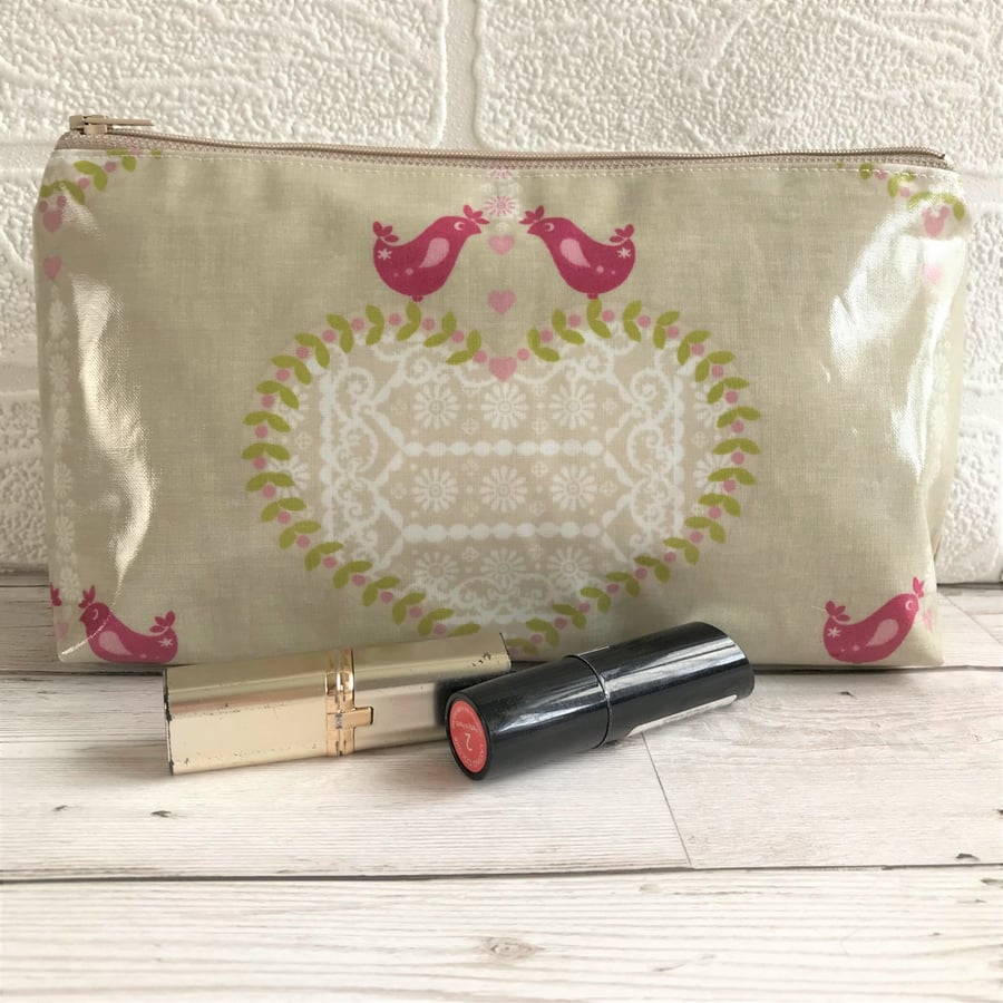 Shabby chic oilcloth make up bag, cosmetic bag with white heart and pink birds