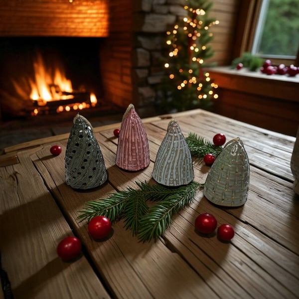 Set of 4 hand crafted hanging Christmas Tree decorations