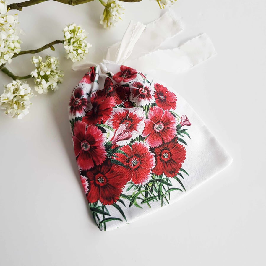 Handmade gift pouch with botanical dianthus print and silk drawstring