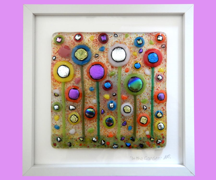 HANDMADE FUSED GLASS 'IN THE GARDEN' PICTURE.