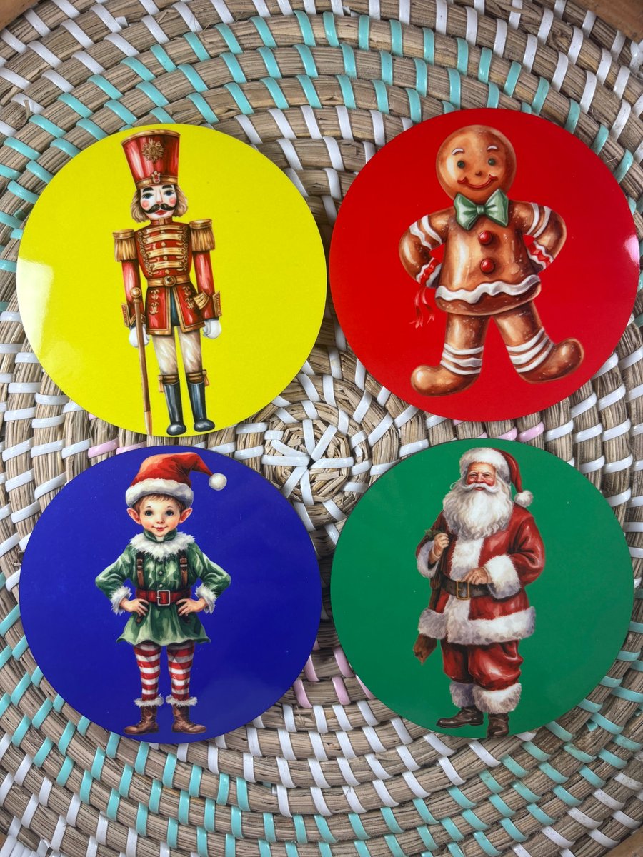 Vintage Christmas Coaster Set – Santa, Nutcracker & Gingerbread Man – Set of 4