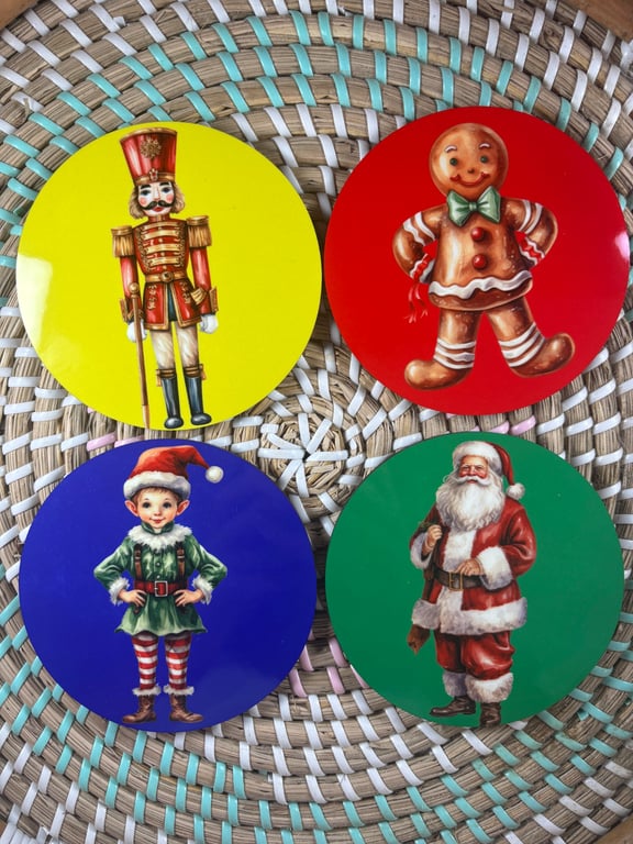 Vintage Christmas Coaster Set – Santa, Nutcracker & Gingerbread Man – Set of 4