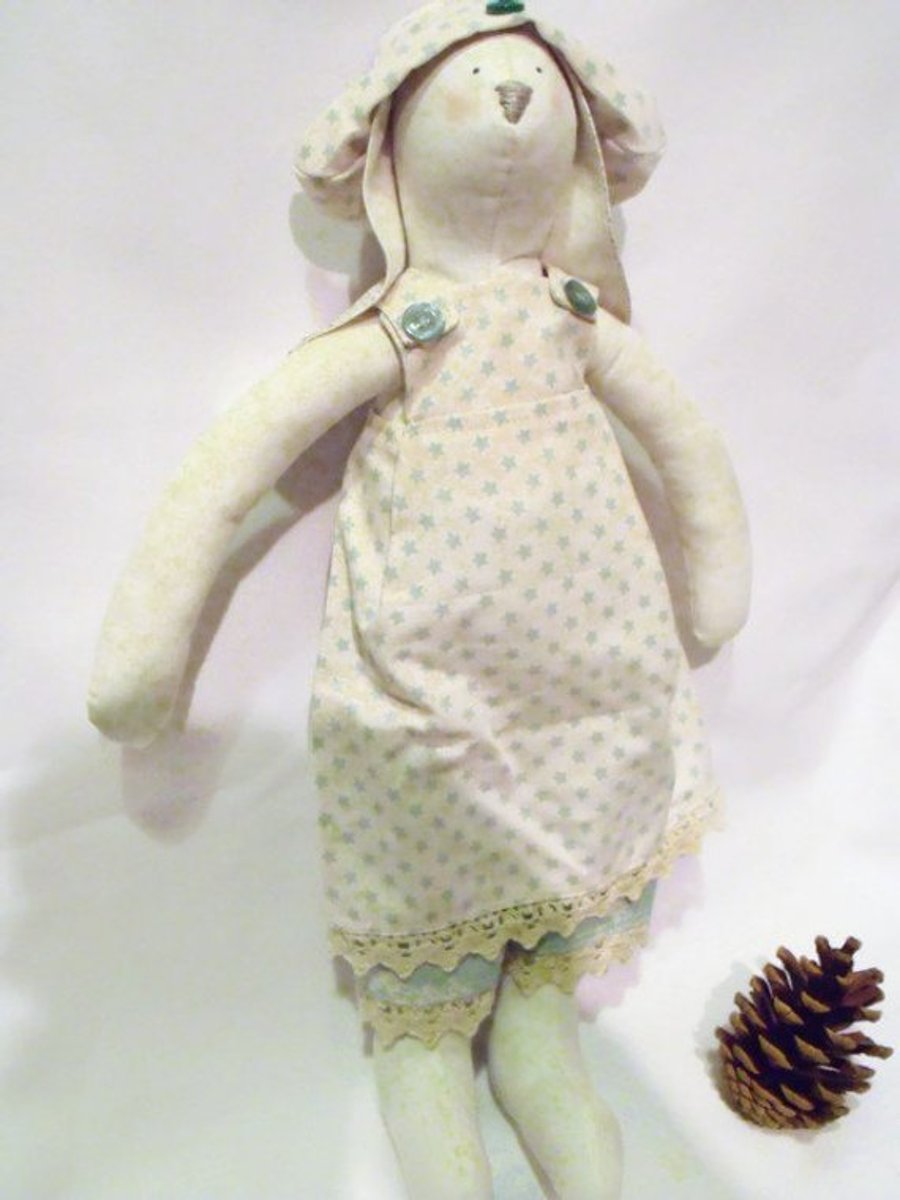 Tilda style cream bunny rabbit doll for display, green star outfit