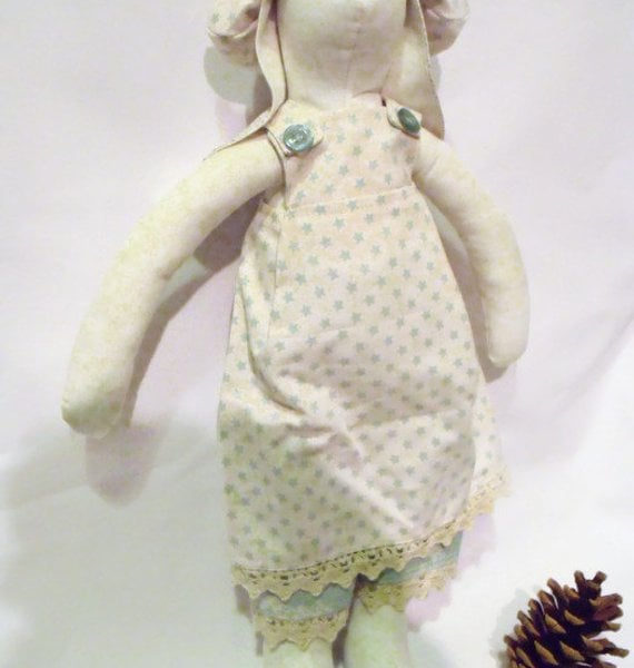 Tilda style cream bunny rabbit doll for display, green star outfit