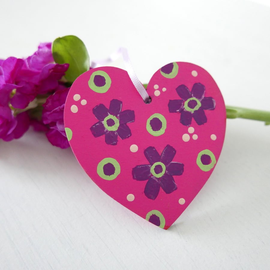 Pink Hanging Heart with Purple Flowers for Valentine Gift or Easter Decor