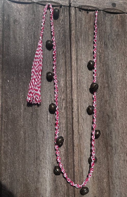 12 Bells of Christmas macrame candy stripe garland with metal  jingle bells
