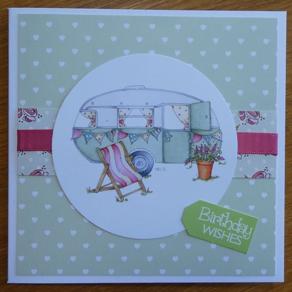 Mini Retro Caravan Birthday Card - Green & Pink