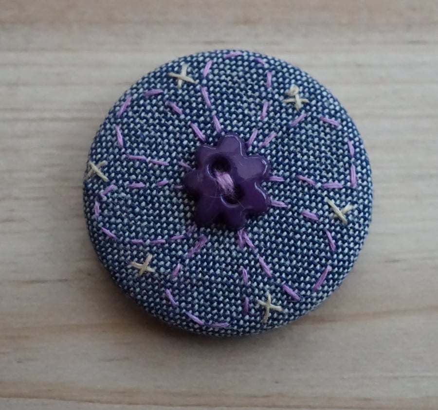 SALE Hand Embroidered Purple Flower Badge Brooch