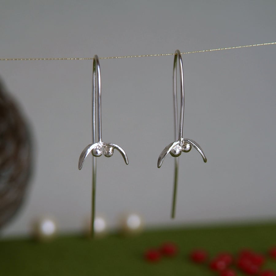 Silver Mistletoe Drop Earrings - Christmas Jewellery Gift - Botanical Jewellery