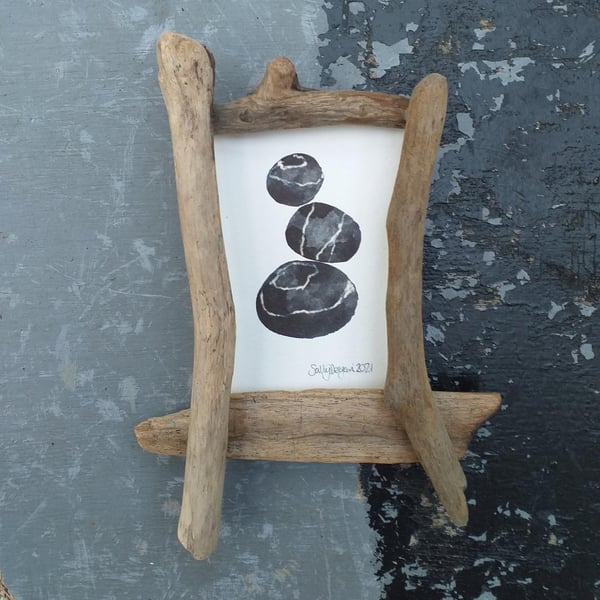 Pebbles original in a Handmade Driftwood frame