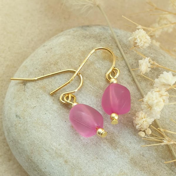 18k gold plated french hook earrings with faux sea glass beads hot pink