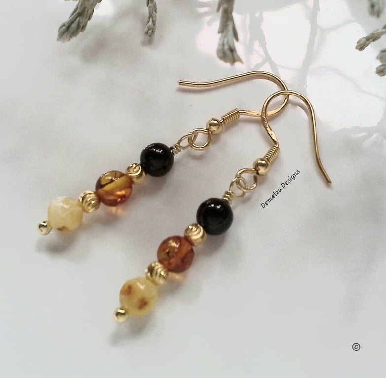 Dainty Designer Hand Made Baltic Amber Drop Yellow Gold Vermeil Earrings
