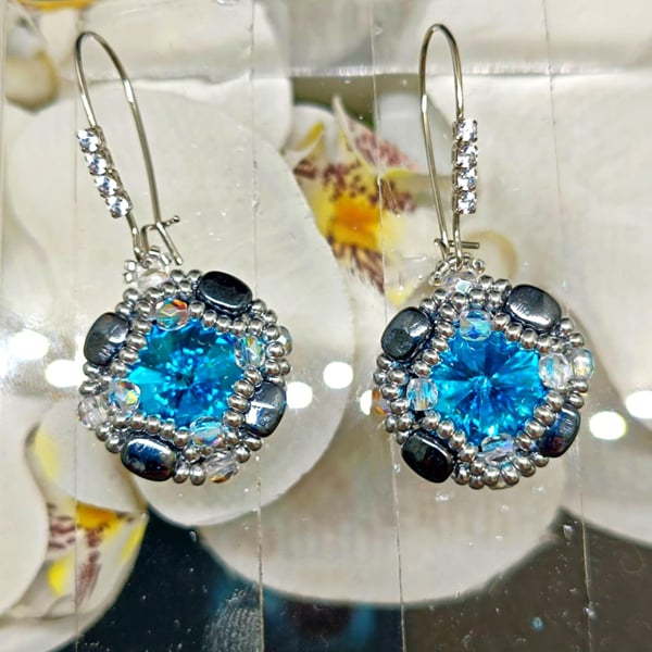 Aquamarine Rivoli Crystal Earrings - 12mm Crystal with Seed & Nib-Bit Beads 