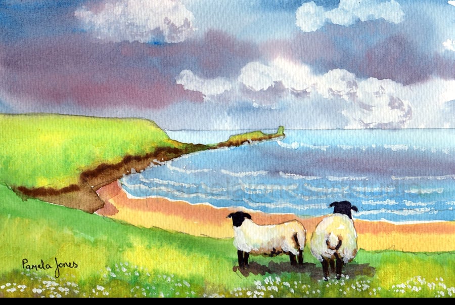 Rhossili Bay, Gower, Sheep, Watercolour Print, in 10 x 8 '' Mount