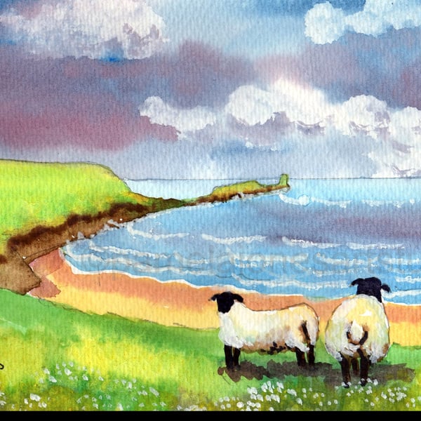 Rhossili Bay, Gower, Sheep, Watercolour Print, in 10 x 8 '' Mount