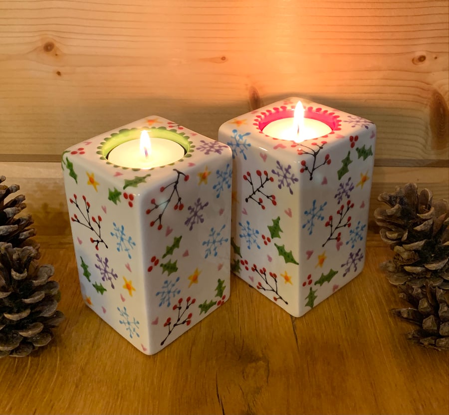 Tall Hand Painted Ceramic Tea light Holder, Christmas Candle, Pottery
