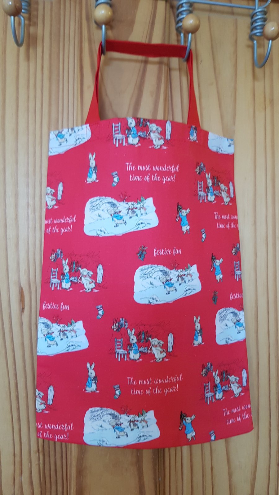 Peter Rabbit fabric Chridtmas gift bag;  Peter's festive fun 