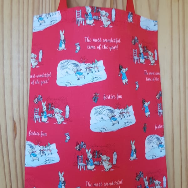 Peter Rabbit fabric Chridtmas gift bag;  Peter's festive fun 