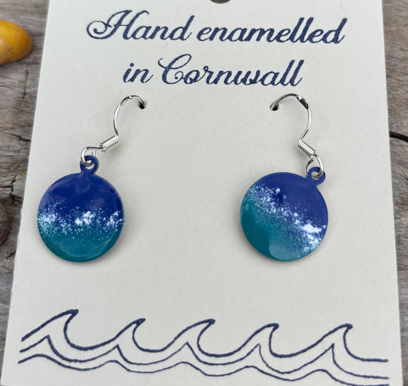 Hand enamelled sea earrings on sterling silver ear hooks 