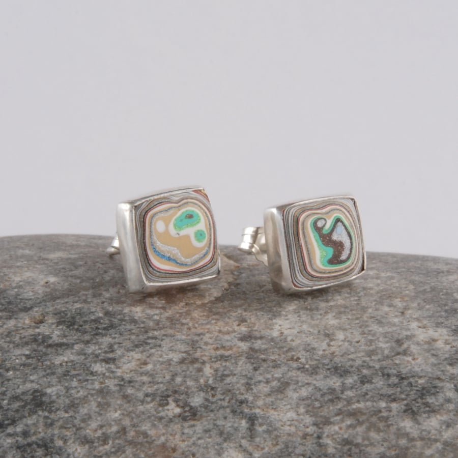 Small sterling silver and fordite square stud earrings