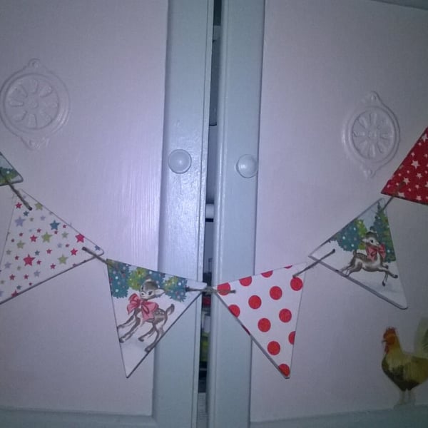 Wooden Christmas Bunting Made using Cath Kidston Rare Deer Design Xmas Tree Disp