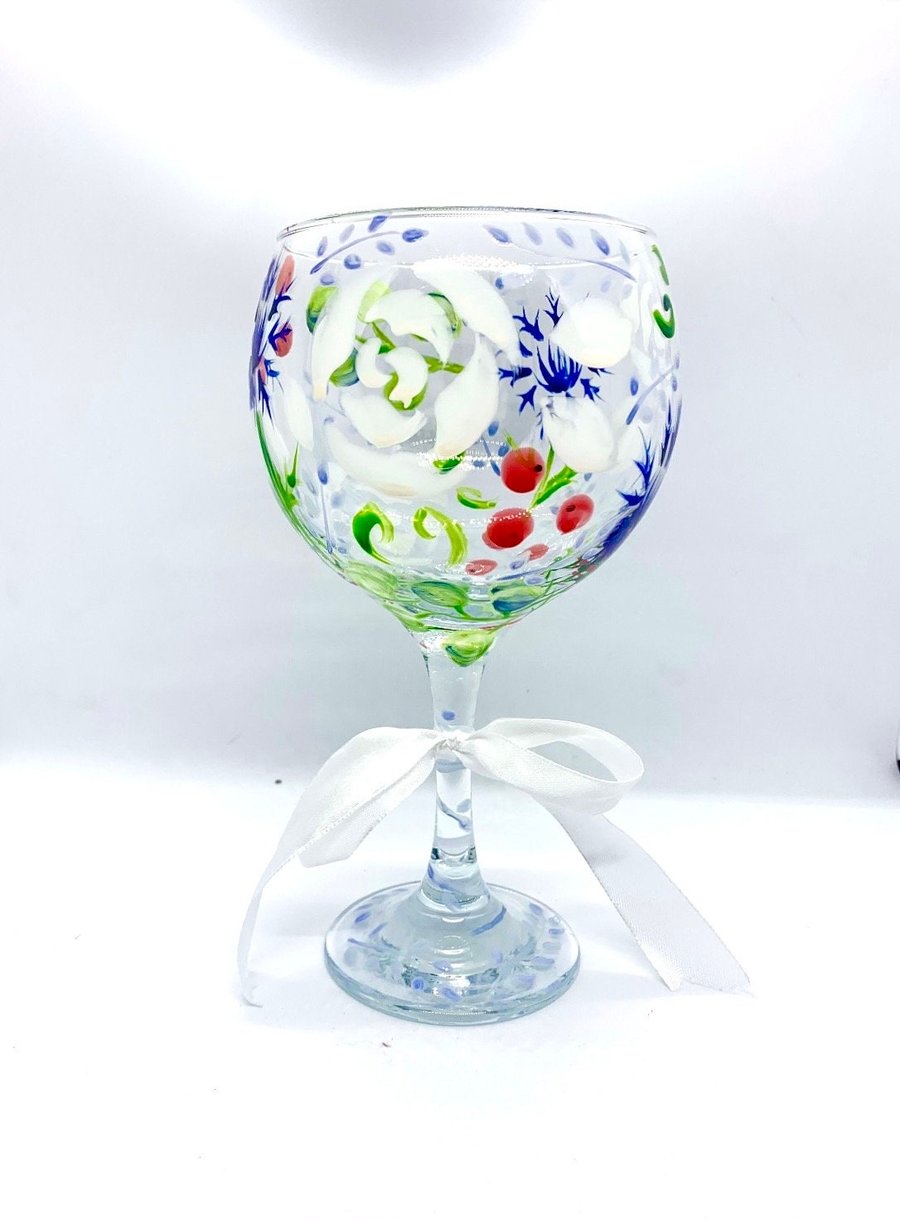 Hand Painted Gin Glass Winter Thistle and Rose Gin Glass for Dad