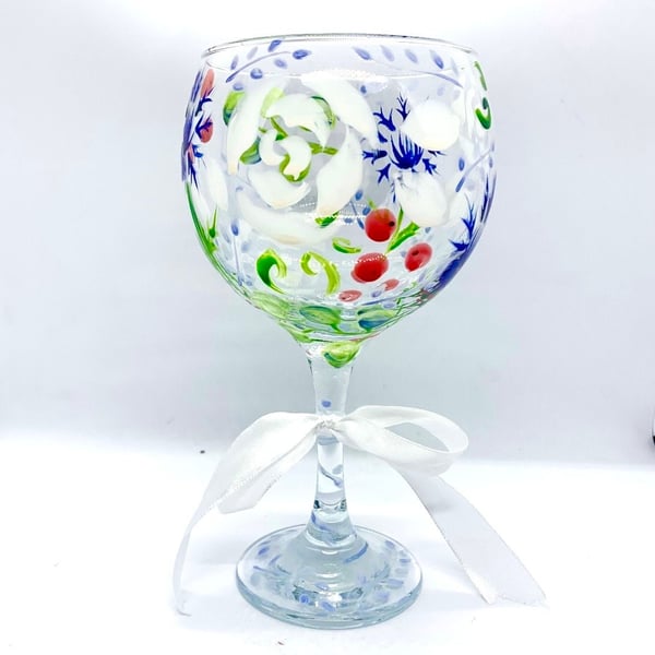 Hand Painted Gin Glass Winter Thistle and Rose Gin Glass for Dad