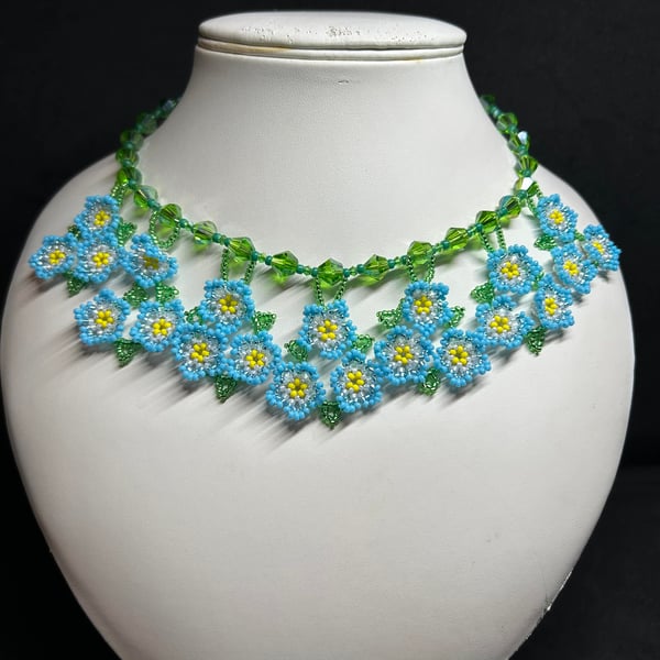 Handmade seed bead and crystal necklace, Forget Me Not Embrace