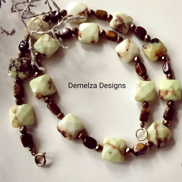 Gold Vermeil Lime Jasper, Tigers Eye & Haematite Necklace 925 SS