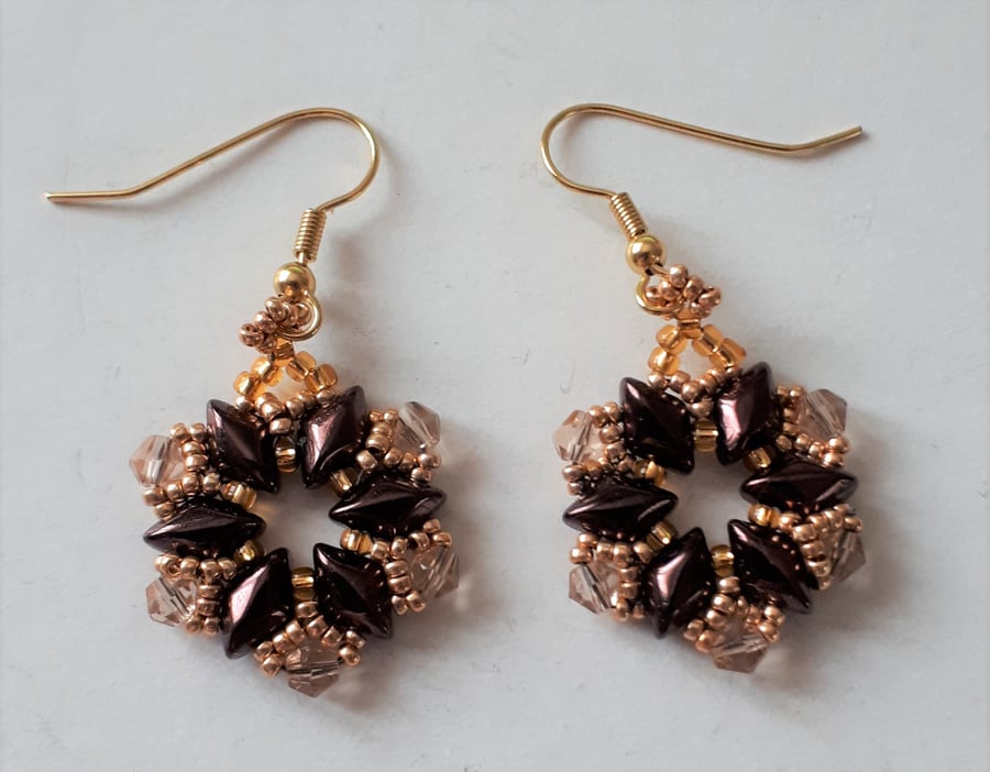 Brown and Gold beaded Flower earrings
