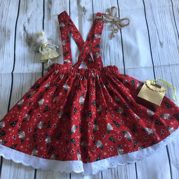 Girls Red Christmas suspender skirt, frilly skirt age 2-3 years