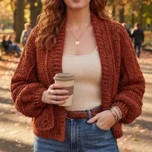 Handcrafted Hexagon Cardigan: Rust Tweed Wool Blend Slow Fashion Coat